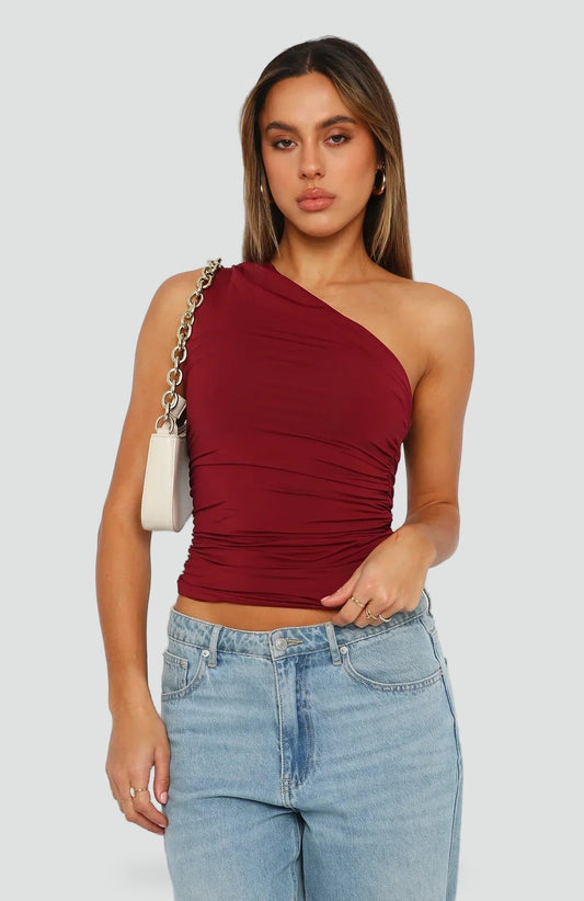 Top Mujer Asimétrico de Un Solo Hombro con Fruncidos - Rojo