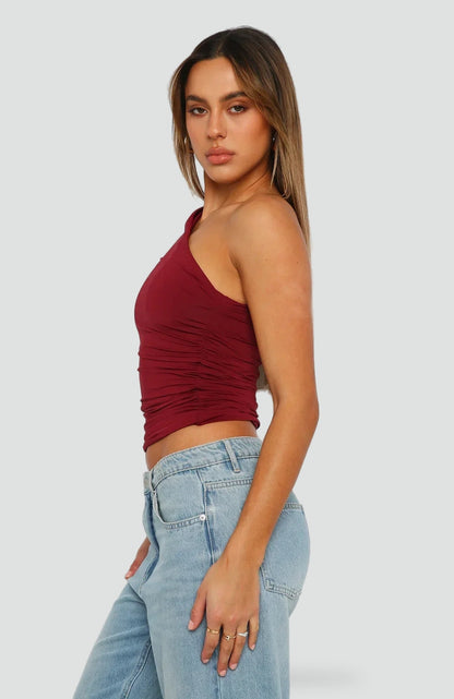 Top Mujer Asimétrico de Un Solo Hombro con Fruncidos